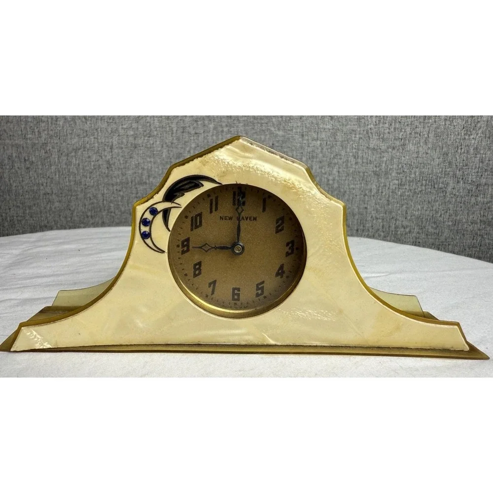 Antique New Haven Celluloid Art Deco Wind Up‎ Desk Clock Crescent Moon Jewels